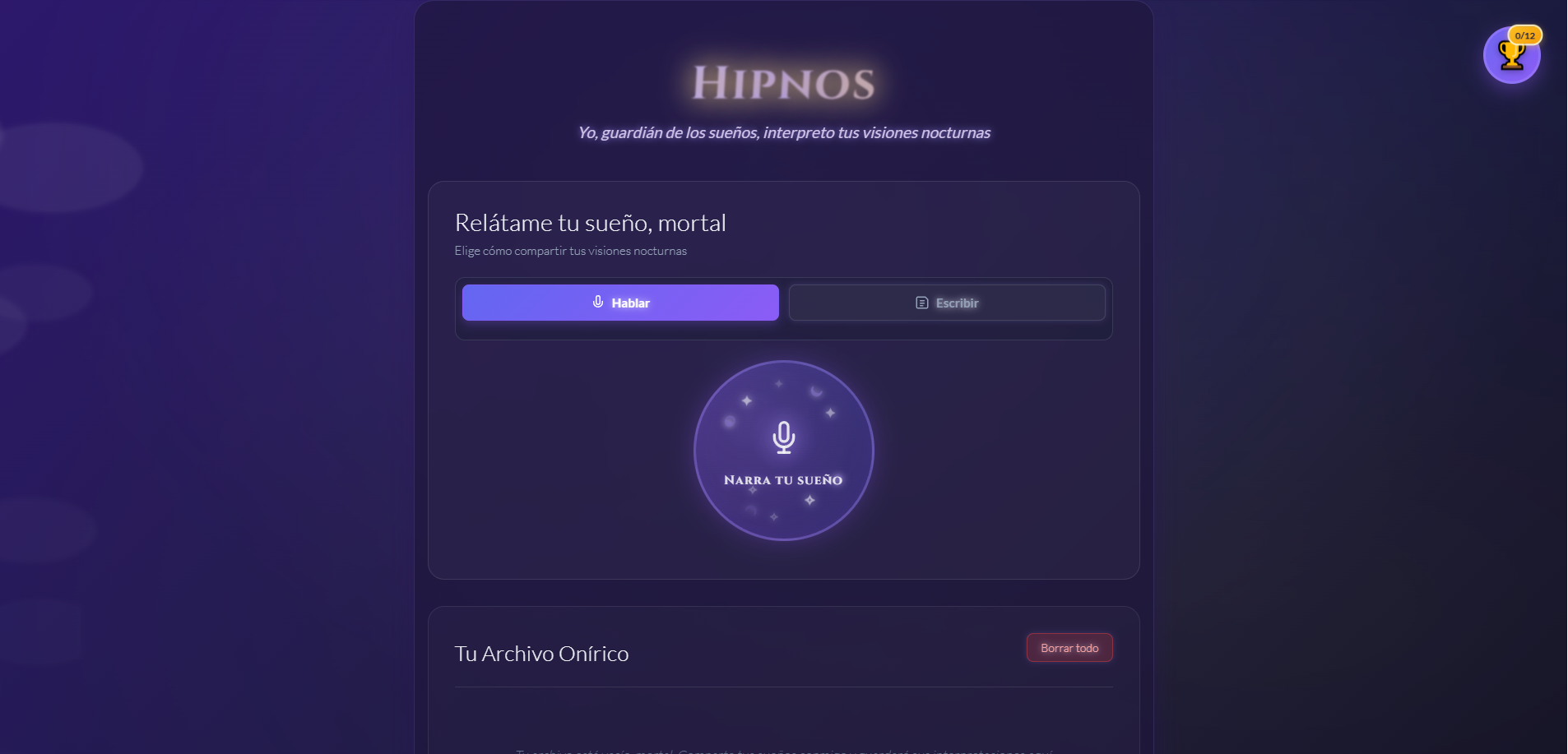 Interfaz principal de Hipnos para interpretar sueños